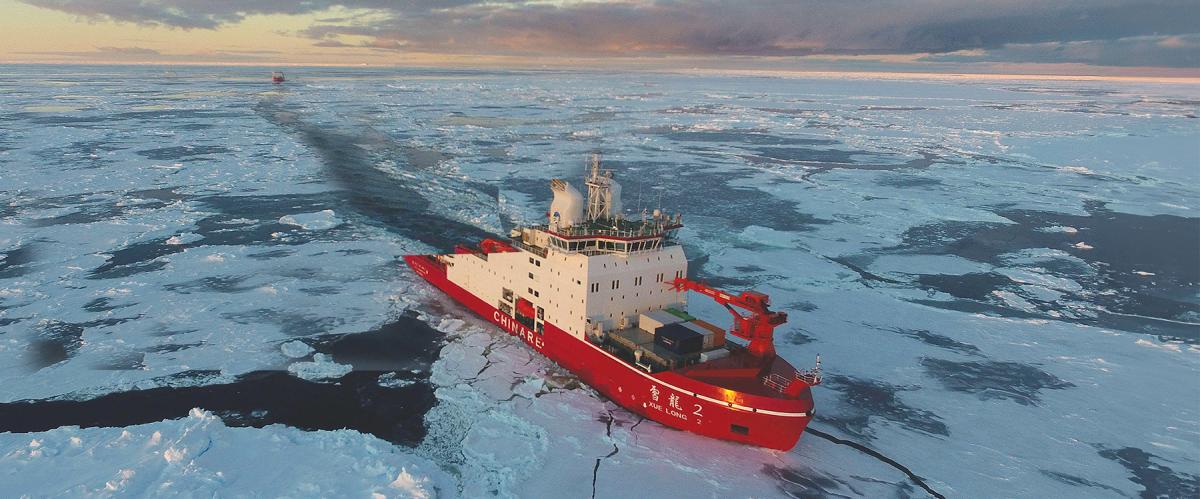 People’s Liberation Army Navy icebreakers Xeulong and Xeulong 2 sail in Antarctic waters. China’s annual spending in the Antarctic and Southern Ocean is triple what it spends in the Arctic. The U.S. Coast Guard must redouble its efforts and work with partners to keep Beijing’s aggressive moves in the region in check.