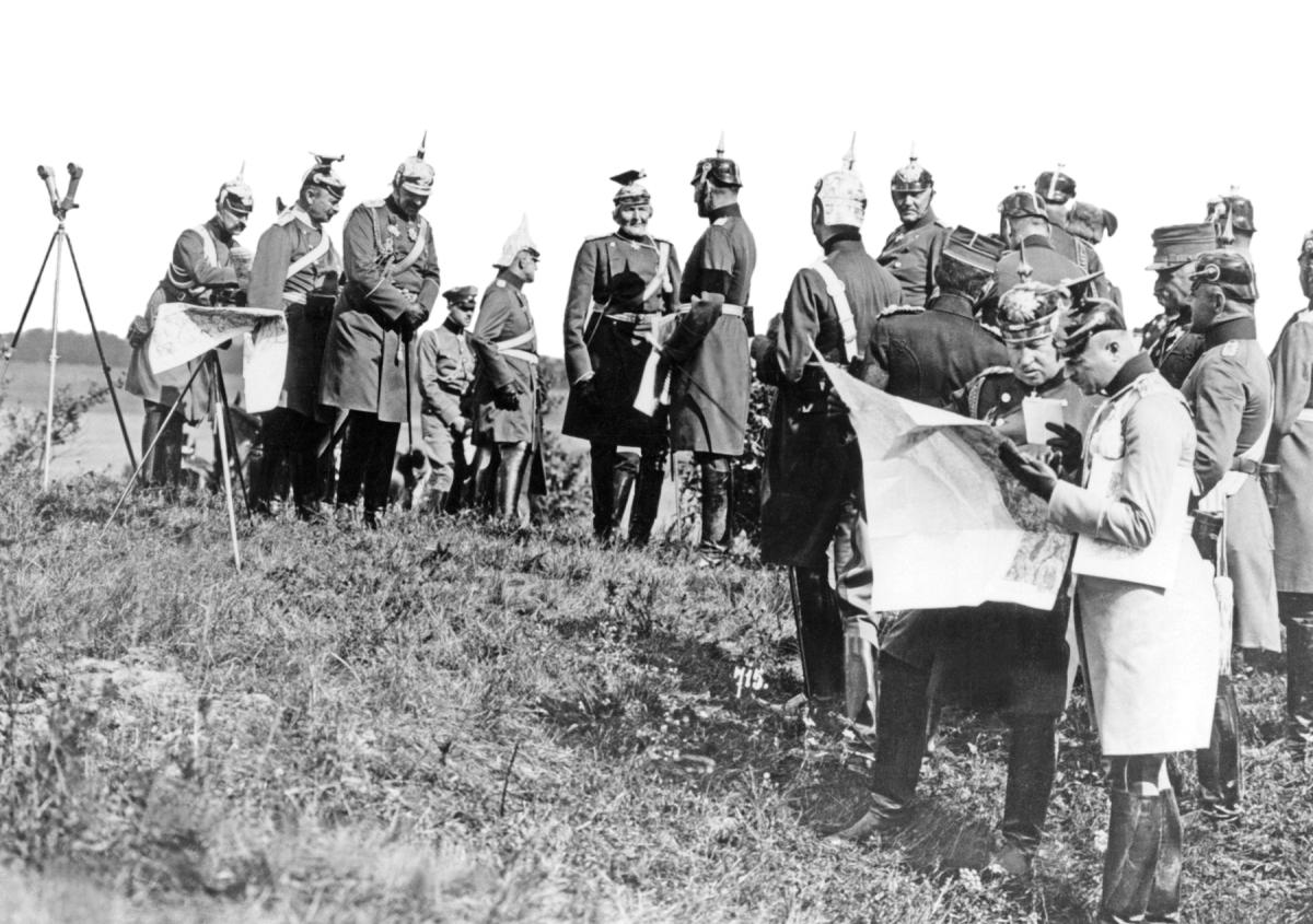 Kaiser Wilhelm II and the German General Staff attend an army maneuver in 1913.