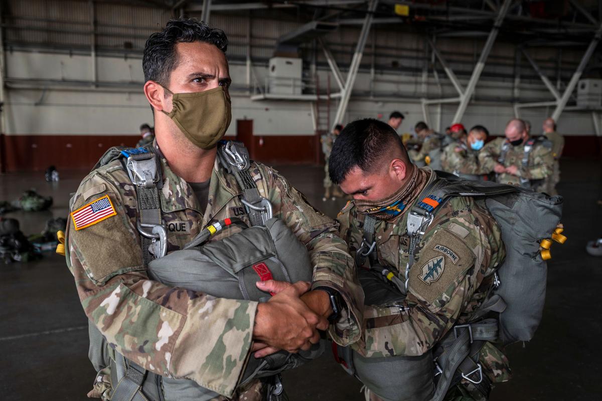 U.S. Army Special Forces prepare for a parachute drop.
