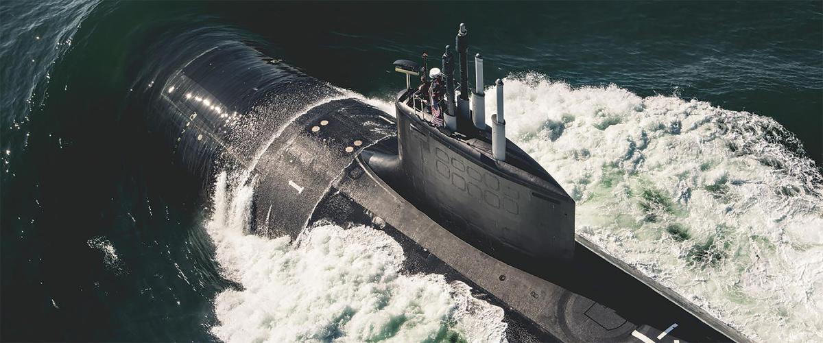 The USS Delaware (SSN-791) underway in the North Atlantic.