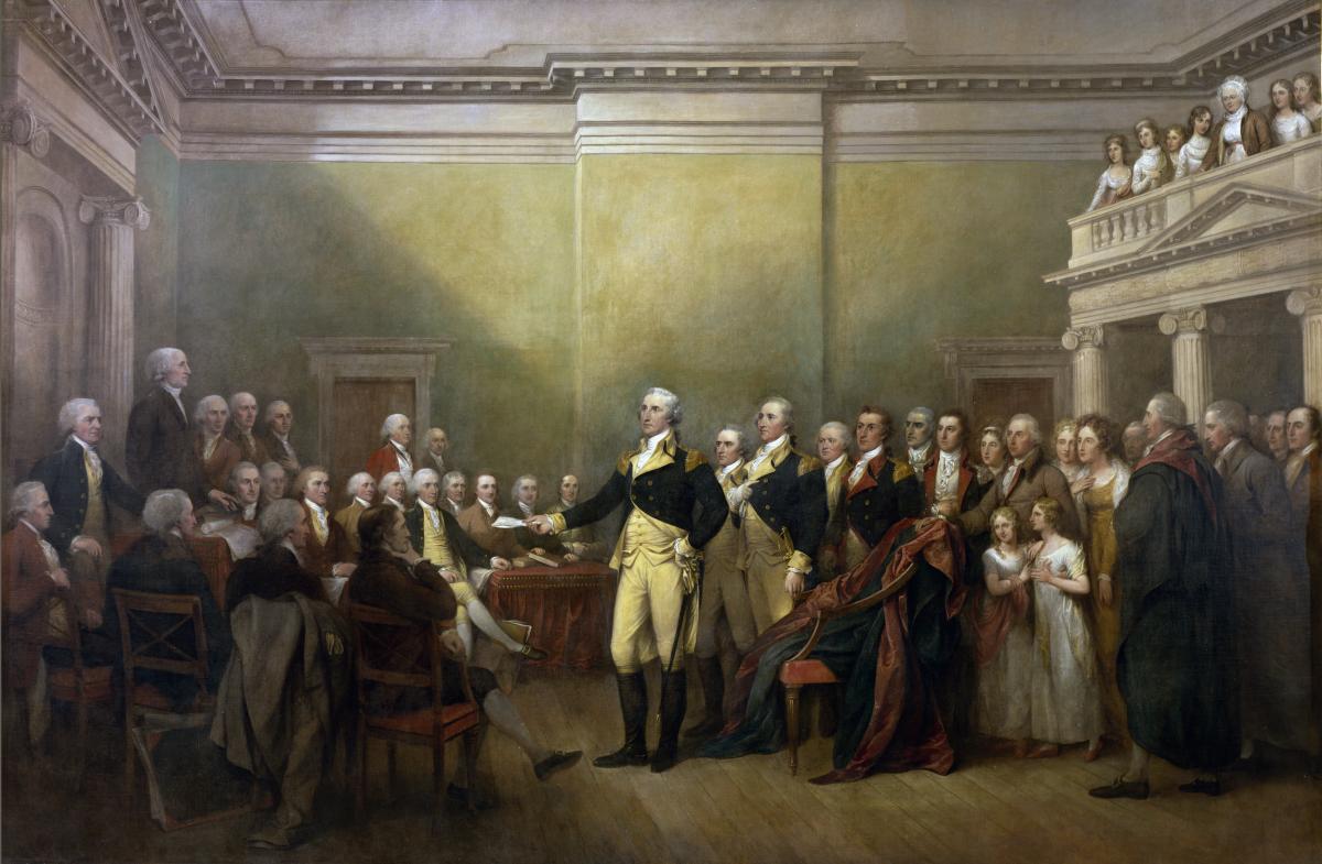 Artist John Trumbull’s rendering of George Washington resigning his commission in Annapolis 