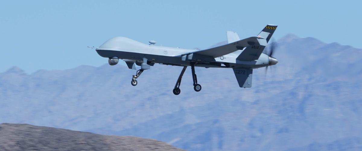 A MQ-9 Reaper approaches for a landing at Creech Air Force Base