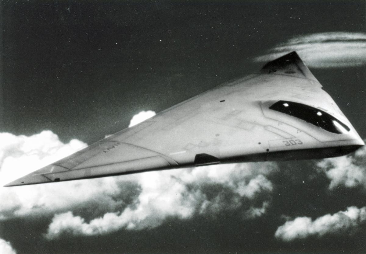 Aerial air-to-air right side view of the Grumman A-12 Avenger II in flight