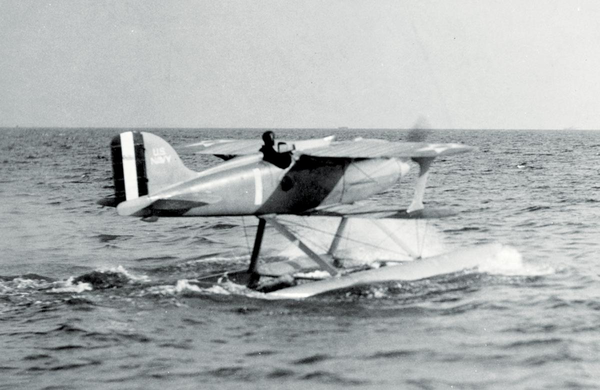 An R3C-2 before the 1925 Schneider contest, believed to be piloted by Lieutenant (later Vice Admiral) Ralph Ofstie. The Navy’s two racers entered in that year’s contest failed to complete the course. Note the insignias on upper wing surfaces and tail.