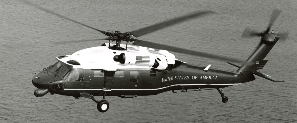A VH-60N White Hawk in flight. The aircraft was known as a “White Top” because of its livery.