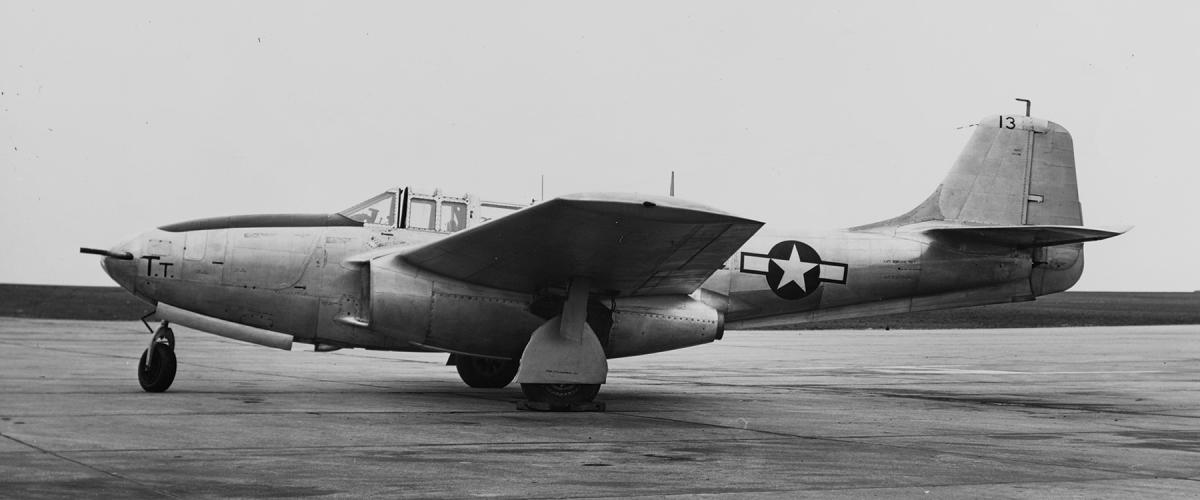 A P-59 at rest. Note the tricycle landing gear common on Bell-produced piston-engine fighters—the P-39 Airacobra and P-63 Kingcobra, both of which were in combat in World War II.