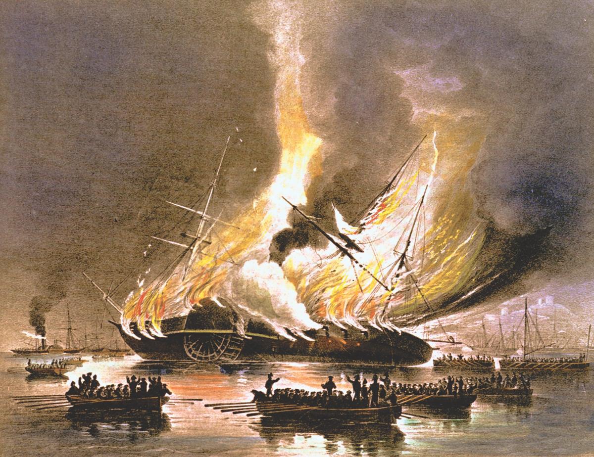 Lithograph of the steam frigate Missouri burning at Gibraltar