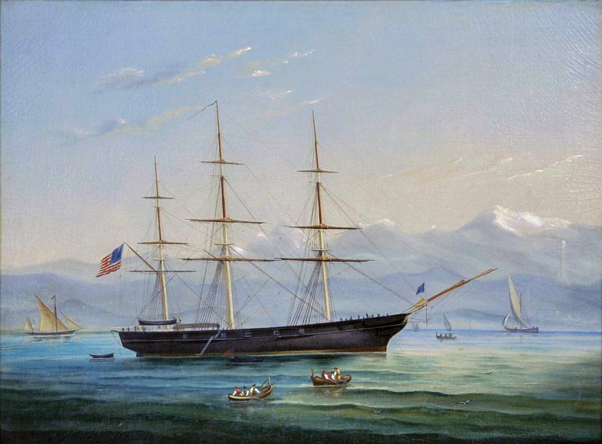 Oil painting on canvas showing USS Supply by W. R. May