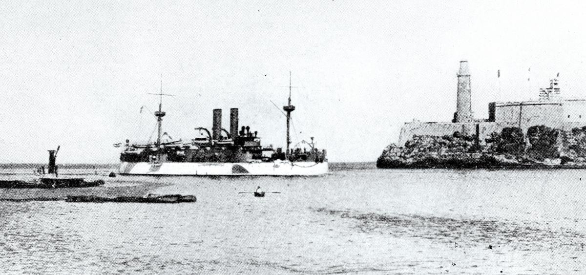 Passing Morro Castle, the Maine enters Havana Harbor on 25 January 1898. She was destroyed by an explosion there some three weeks later, on 15 February.