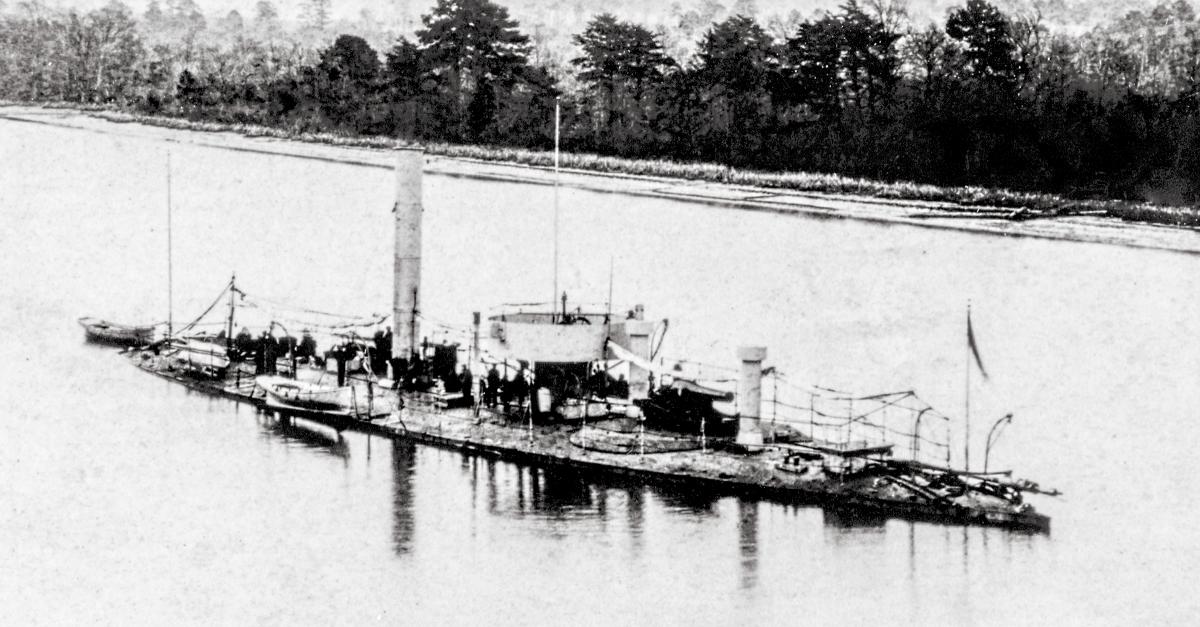 The USS Casco was one of only four light-draft monitors commissioned during the Civil War. She served on the James River from late 1864 through 1865, here near Dutch Gap, in her guise as a torpedo boat.