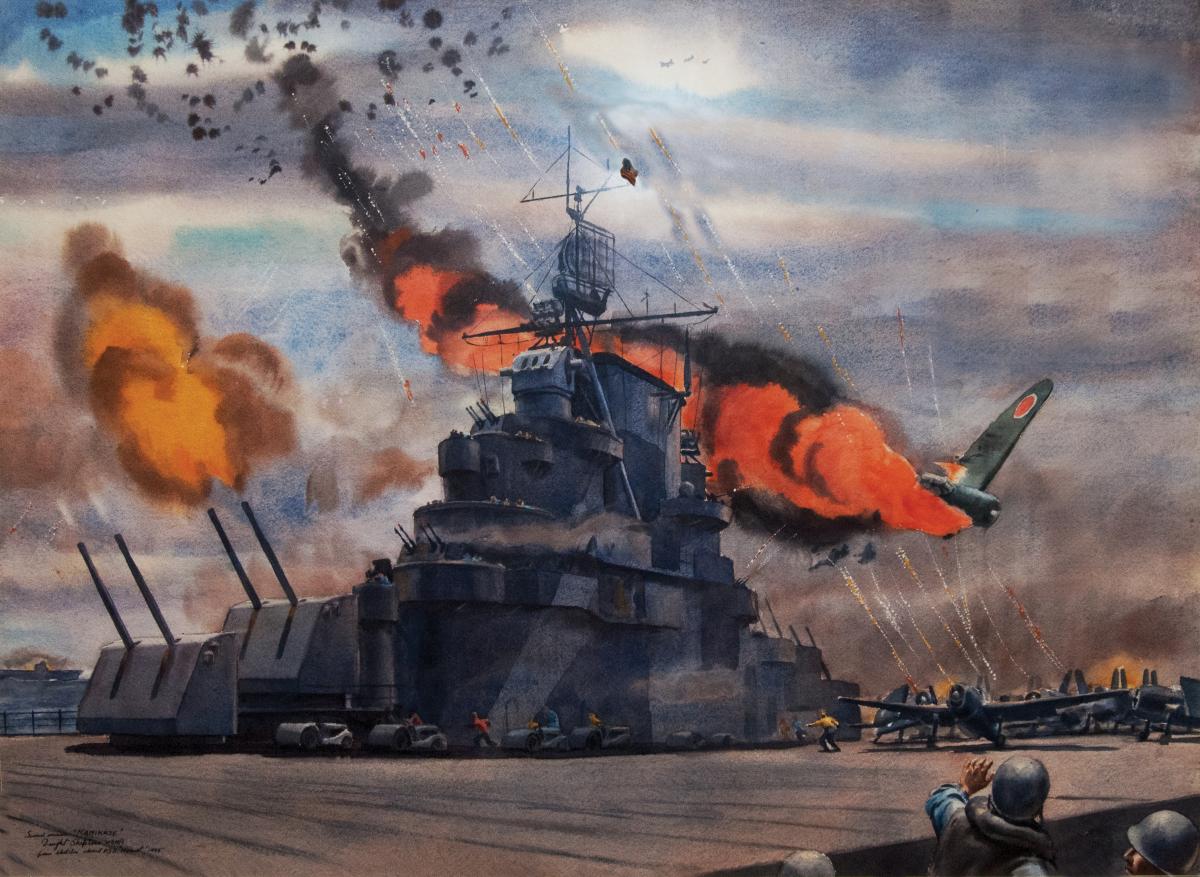 Watercolor of a kamikaze in flames careening towards a the deck of the aircraft carrier USS Hornet (CV-12)