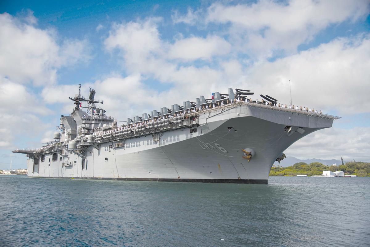 The amphibious assault ship USS America (LHA-6) and its amphibious ready group (ARG) are moored at Joint Base Pearl Harbor-Hickam