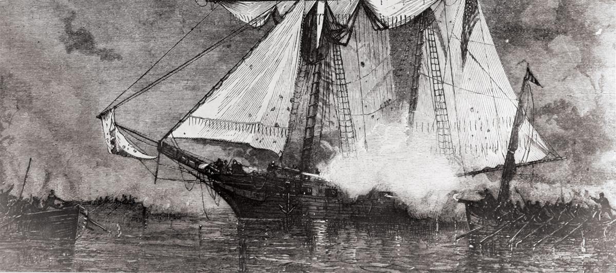 The schooner Experiment under attack by 11 armed pirate boats in the Caribbean on New Year’s Day 1800, in the Bight of Léogâne off modern-day Haiti.