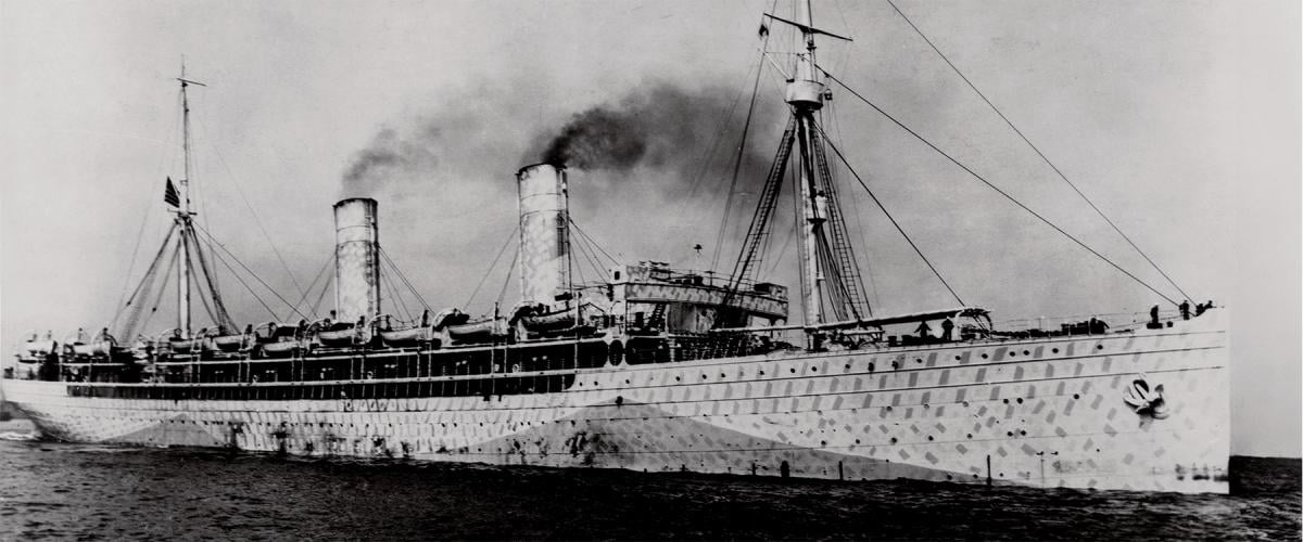 The St. Louis circa 1918 in a “dazzle” paint scheme that was intended to make it harder for U-boats to generate an accurate targeting solution.