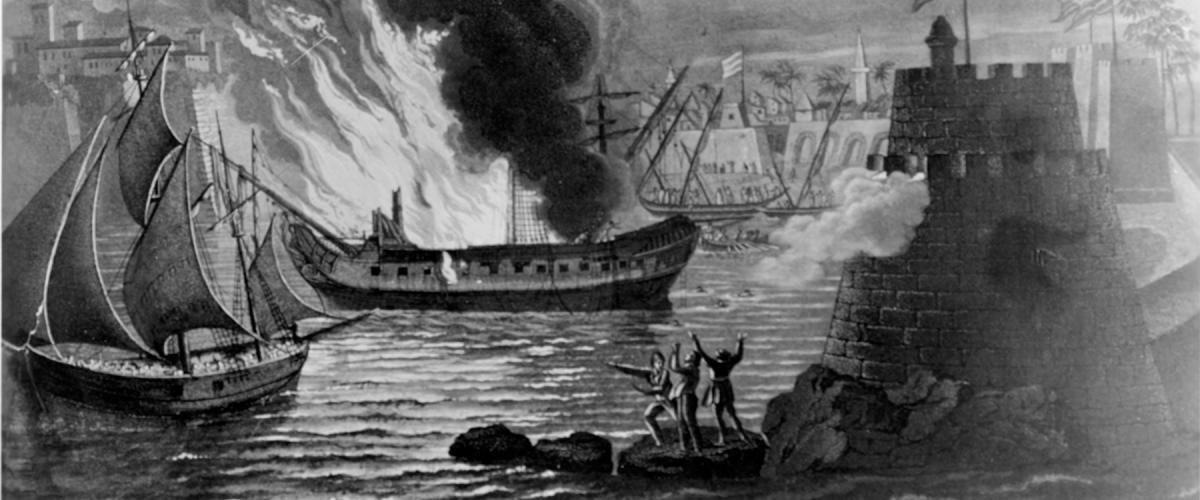 The frigate Philadelphia in Tripoli Harbor, 16 February 1804, by Edward Moran (1829–1901). Previously captured by the Tripolitans, the frigate was boarded and burned by a party from the ketch Intrepid led by Lieutenant Stephen Decatur.