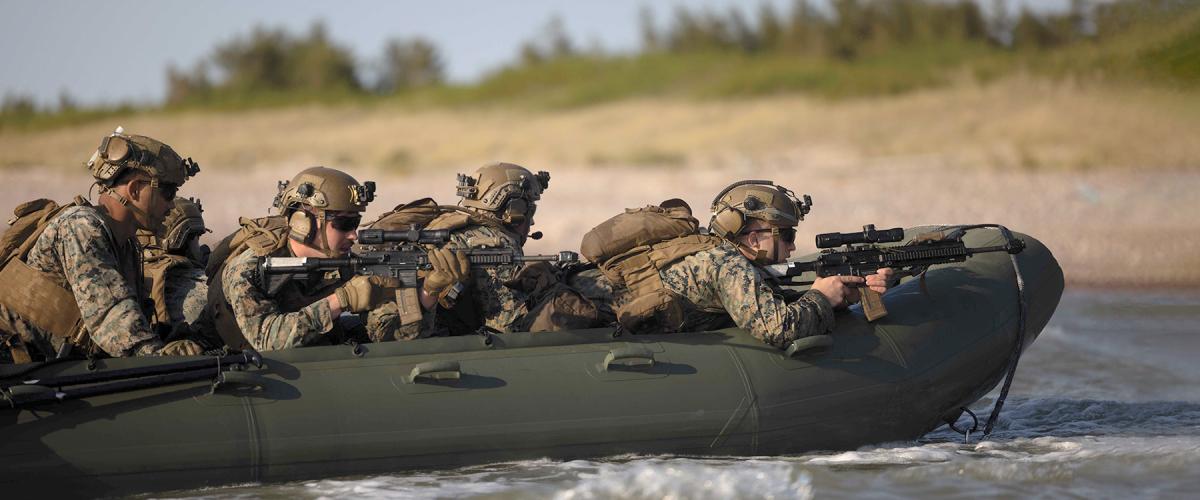 Marines conduct small-boat operations from HMS Albion into Latvia during the 2023 NATO Baltic Operations exercise.