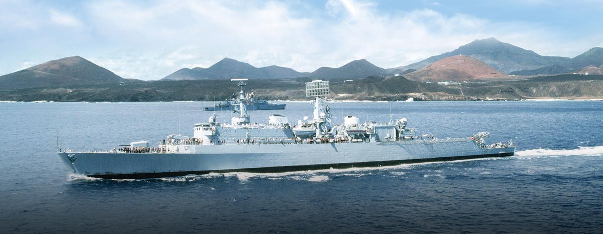 Ships of the Royal Navy task force assembled off Ascension Island