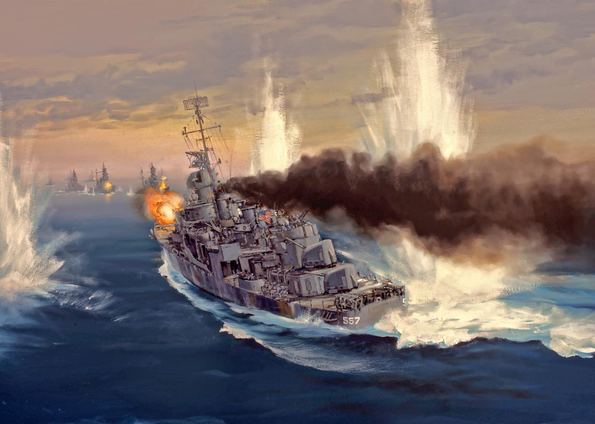 Shell splashes surround the USS Johnston in Jack Fellows' painting "Into Harms Way"