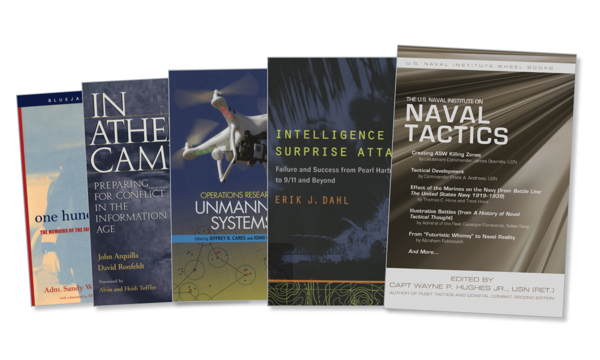 Spread of book covers for One Hundred Days: The Memoirs of the Falklands Battle Group Commander, Operational Research for Unmanned Vehicles, and the U.S. Naval Institute on Tactics