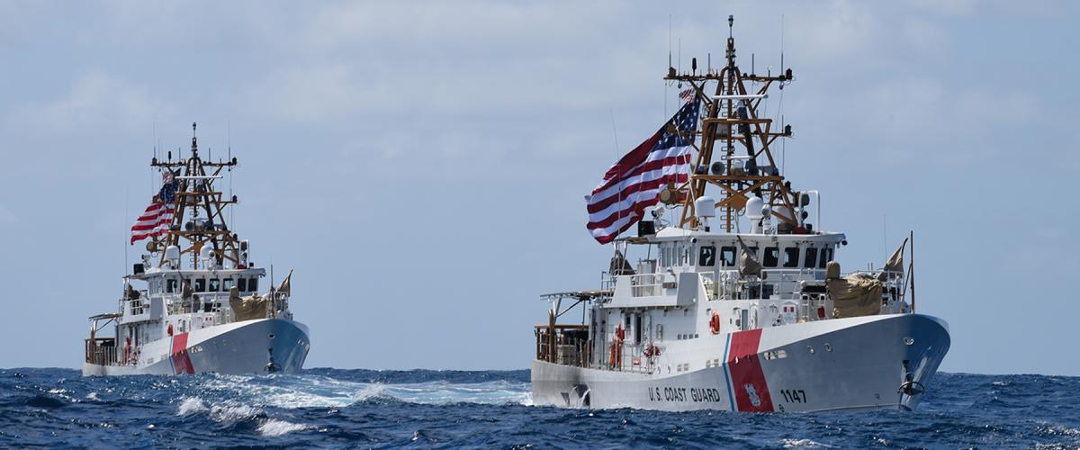 The fast response cutters USCGC Clarence Sutphin Jr. (WPC-1147) and John Scheuerman (WPC-1146) sail across the Atlantic Ocean in June 2022.