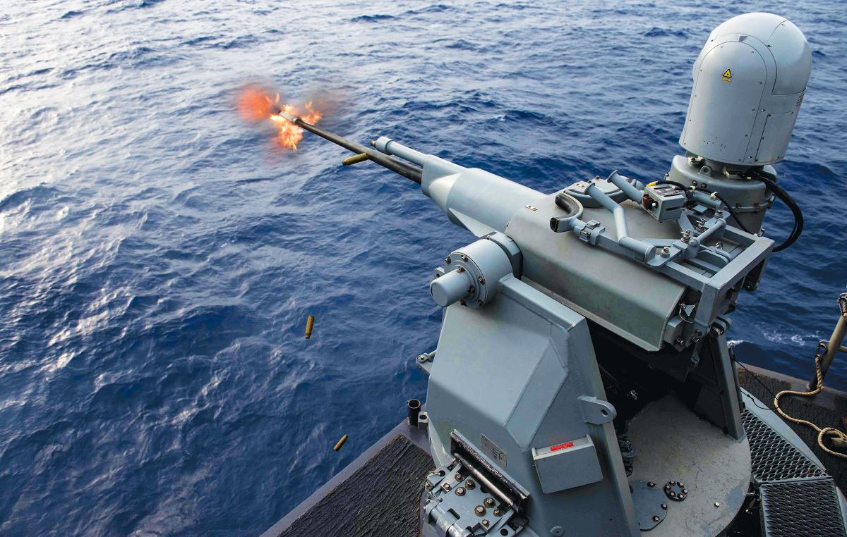 The Mk 38 25-mm cannon can engage small surface targets at up to 2,500 yards, while 120-mm mortars can engage targets at three times that range.