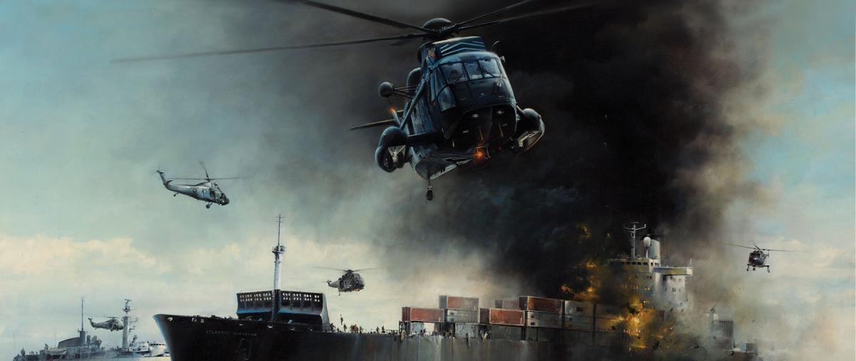 helicopters ferry survivors from the Atlantic Conveyor after two Argentine Exocet missiles slammed into her on 25 May 1982