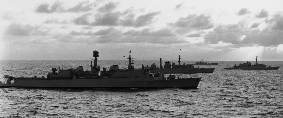 The Royal Navy fleet en route to the Falkland Islands, ca. 1982. The intelligence indicators learned from the Falklands War can be applied to events today in the South China Sea and Taiwan Strait.
