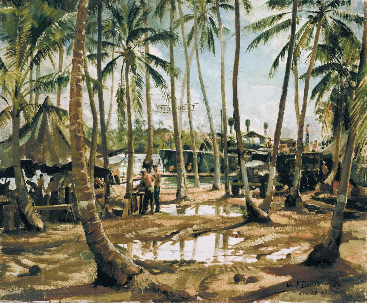 Todd City, the PT-boat base that garnered fame from its association with John F. Kennedy’s wartime heroics, is depicted in Naval Reserve Lieutenant Commander William F. Draper’s 1944 watercolor.
