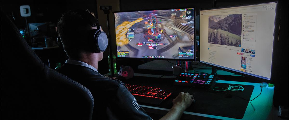 A U.S. Army eSports team member at a gaming rig at Fort Knox, Kentucky. Unlike traditional computer-based simulation and wargames, which rely heavily on preestablished scenarios, AI-embedded simulations could generate vignettes autonomously and produce numerous courses of action for given scenarios.