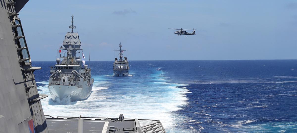 Interoperability with allies and partners is a major part of deterrence in the western Pacific. In April 2024, the Royal Australian Navy frigate HMAS Warramunga (center) and the French Navy frigate FS Vendémiaire (distant) sailed with the Independence-variant littoral combat ship USS Mobile (LCS-26) in the South China Sea. 