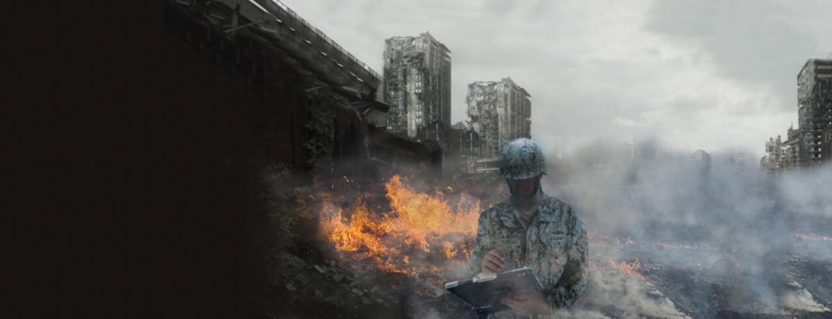 Composite of Navy officer in battle gear standing in front of a bombed-out city