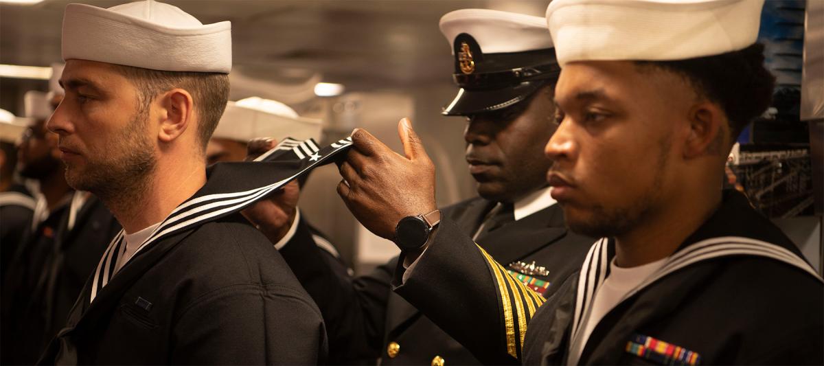 A uniform inspection on the mess decks aboard USS Boxer (LHD-4). Uniforms are a critical part of the military, and they must be safe, functional, comfortable, professional, and reflect the fleet that wears them. 