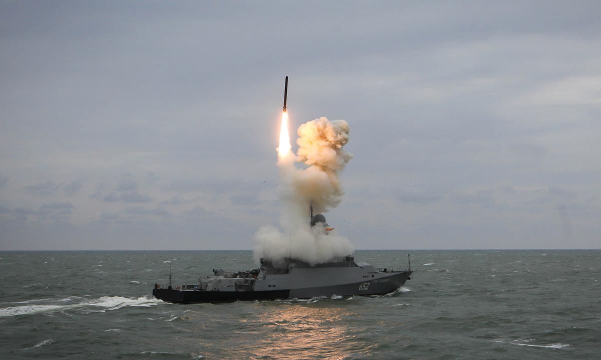 A Russian corvette launches a Kalibr missile