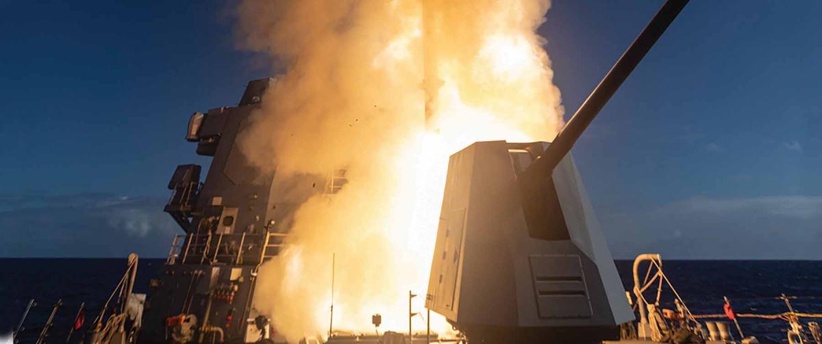 An SM-3 Block IIA Standard Missile is launched from the guided-missile destroyer USS McCampbell (DDG-85) during a test in February 2024. Tackling multitudes of antiship warheads with BMD-capable interceptors would be inordinately expensive, and a saturation attack still leaves a high probability of leakage.