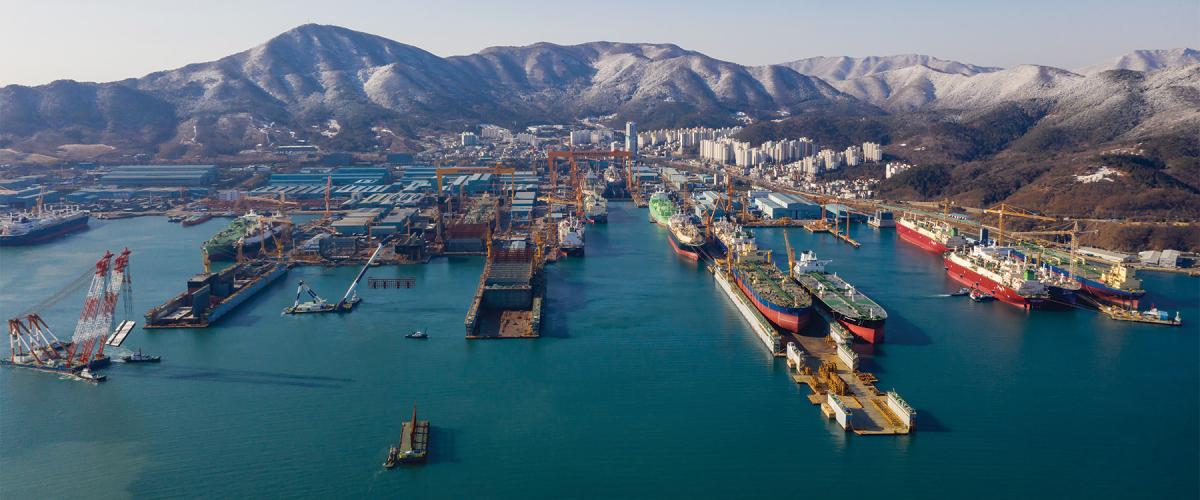 The Daewoo Shipbuilding Shipyard in Geoje, South Korea