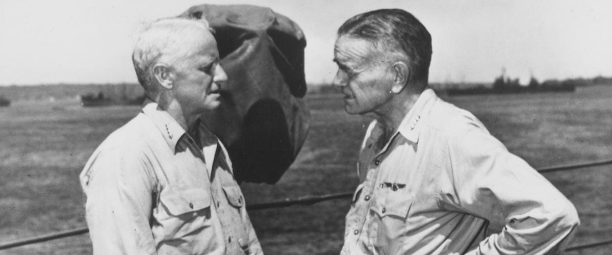Admirals Chester Nimitz and William Halsey on board the USS Curtiss (AV-4) in January 1946. After Rear Admiral Wilson Brown declined to lead the Navy’s attack in the Marshall Islands, Nimitz presented the opportunity to Halsey, who jumped at the mission. A strong leader must assess his subordinates and choose the right leader for the right job.