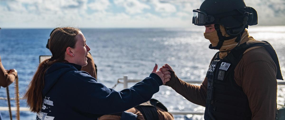 An ensign fist bumps a chief petty officer on the deck of the USCGC James (WMSL-754). A pump up speech doesn’t need to always come from the top, or even need to be a speech. Being a positive leader and sharing high fives and fist bumps with the crew are underrated tools in keeping a team motivated.