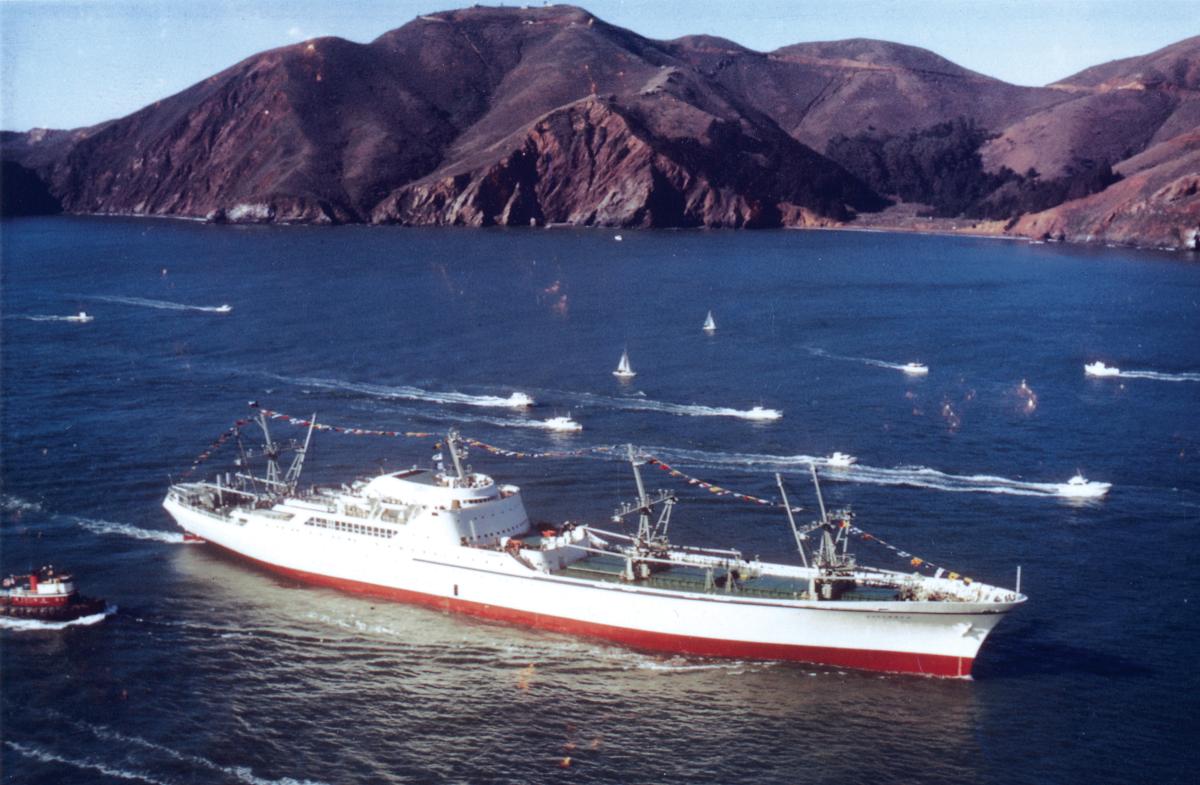 The NS Savannah, the first commercial nuclear-powered cargo/passenger vessel, en route to the 1962 World’s Fair in Seattle. According to Captain Frank Shellenbarger, one of her chief officers, she almost did not make it off the ways.