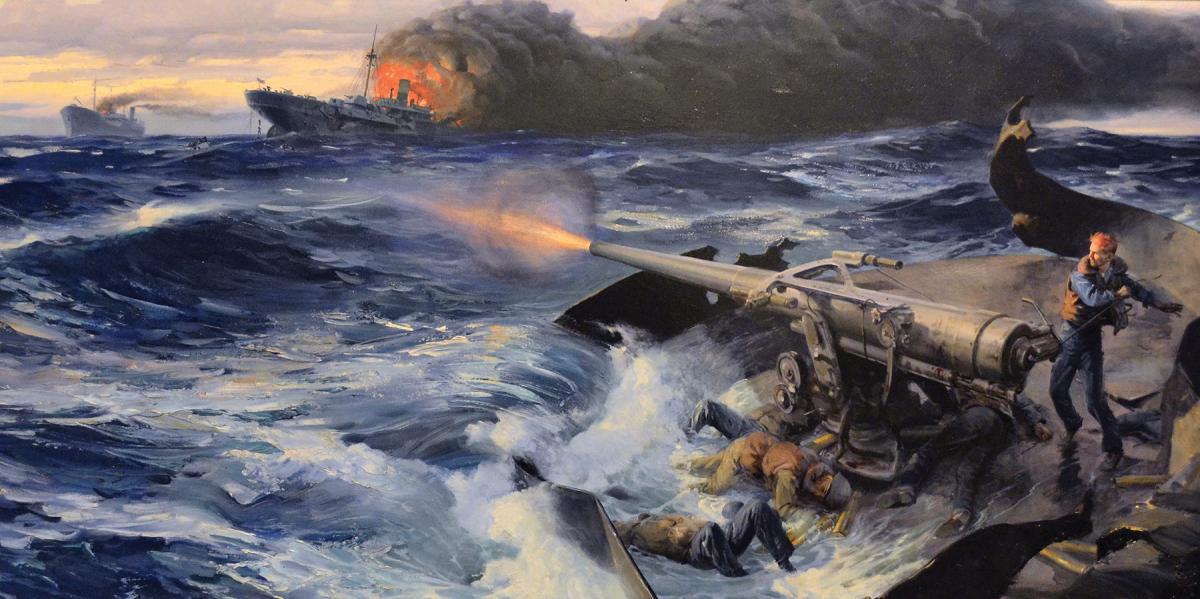 Cadet Edwin O’Hara fires the Liberty ship Stephen Hopkins’ last five shells in a fight with the German raider Stiers.