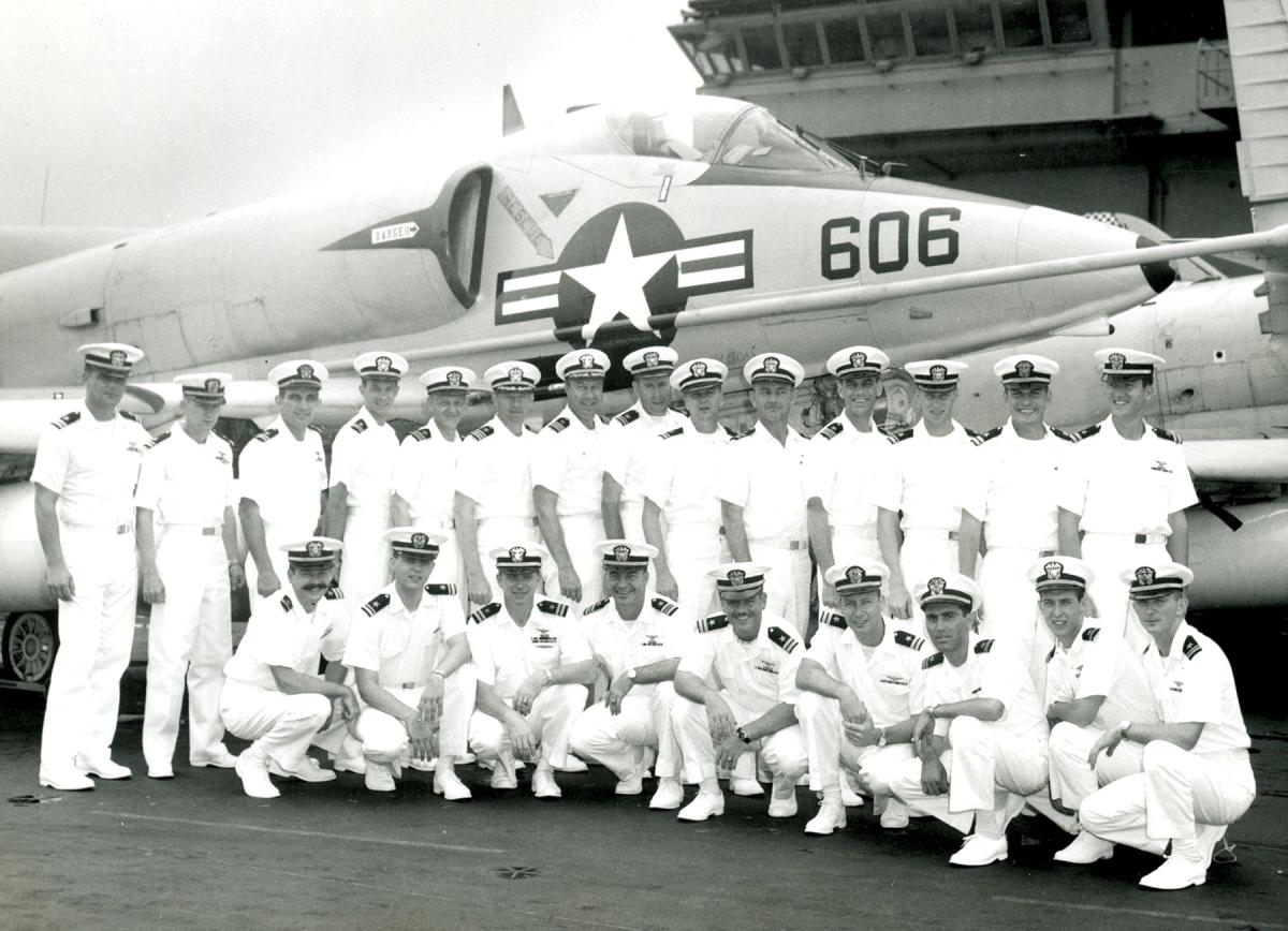Then-Commander Bob Dunn (standing, sixth from left), August 1966, on board the USS Ranger (CVA-61).