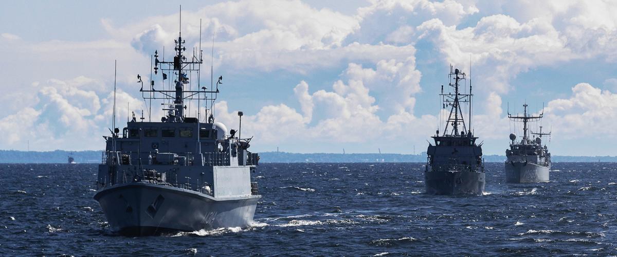 NATO and Swedish ships, led by the Estonian Navy mine-hunter Sakala, steam in formation after departing Tallinn, Estonia, to participate in Baltic Operations 2023. NATO must acknowledge the importance of naval mine warfare in the Baltic and institute a regional plan that focuses on it and coastal defense.