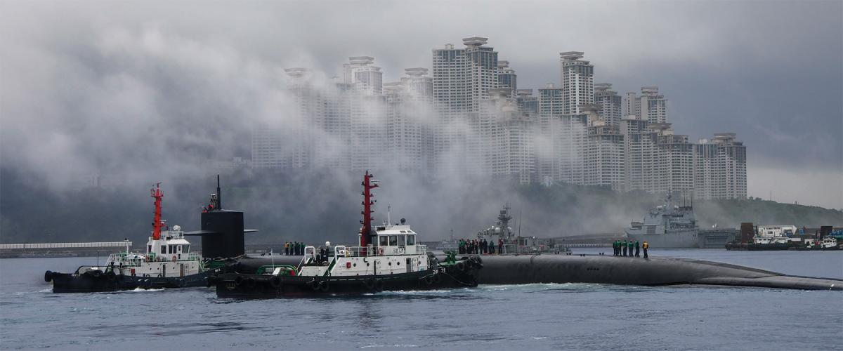 The Ohio-class ballistic-missile submarine USS Kentucky (SSBN-737) pulls into port in Busan, the first time an SSBN has made a port call in South Korea in 40 years. Using the submarine leg of the triad as a show of force demonstrates resolve and assures U.S. allies and deters adversaries such as China who have shown signs of building up their nuclear arsenal.