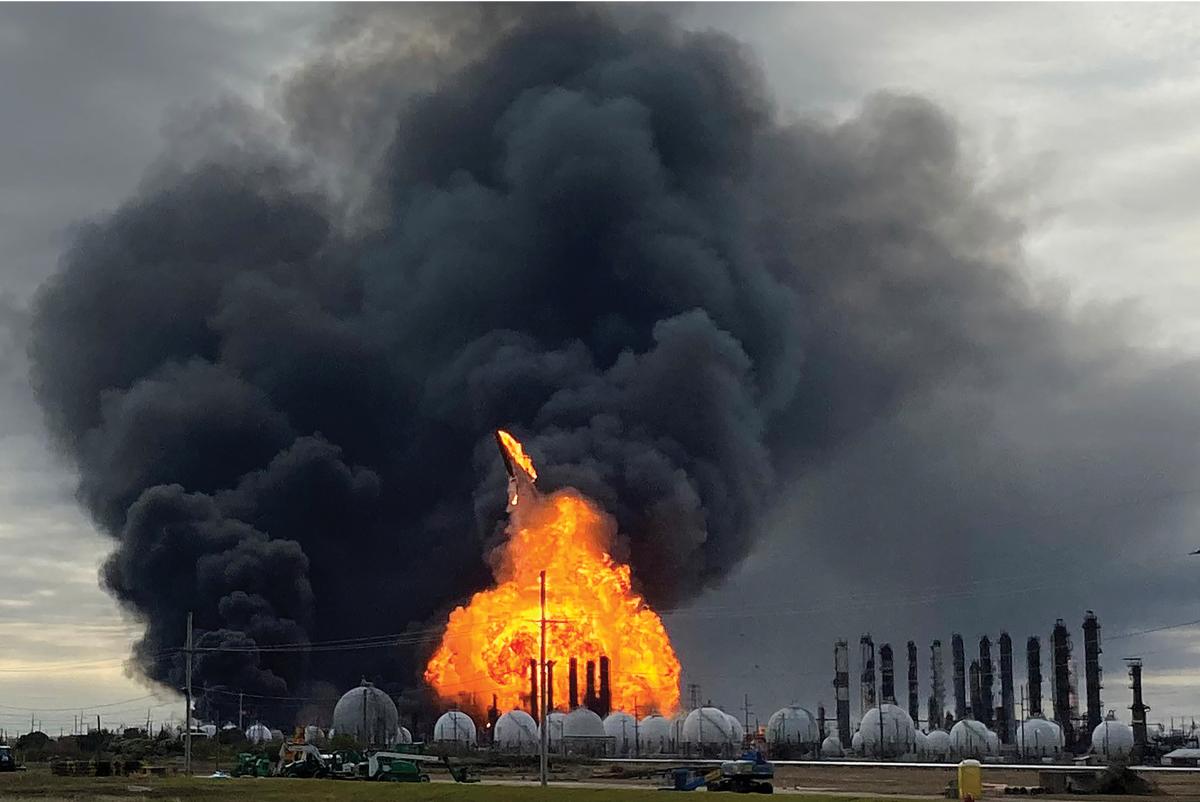 The TPC Group Petrochemical Plant at Port Neches, Texas, burns after an accidental explosion in November 2019. U.S. adversaries could cause similar or worse destruction to critical homeland infrastructure from offshore using widely available commercial drone and other technology, as Houthi rebels claimed to have done against the Saudi Abqaiq oil-processing facility last September.