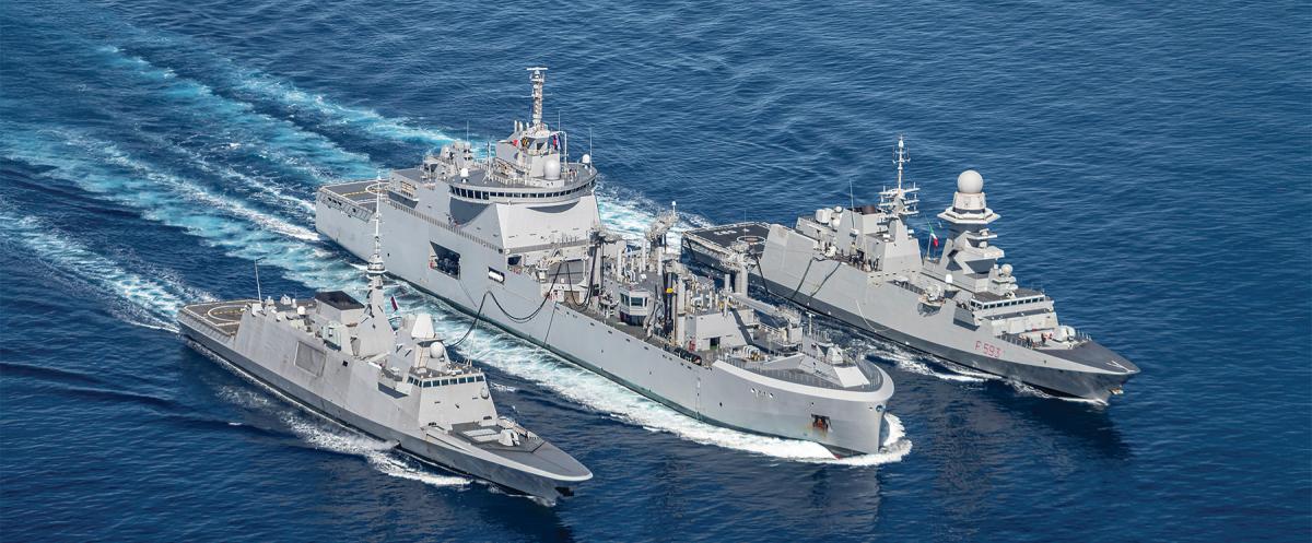 The French replenishment ship Jacques Chevallier (center) and the French and Italian multimission frigates Provence (left) and Carabinieri. European navies must stress wartime logistics conditions in complex exercises.