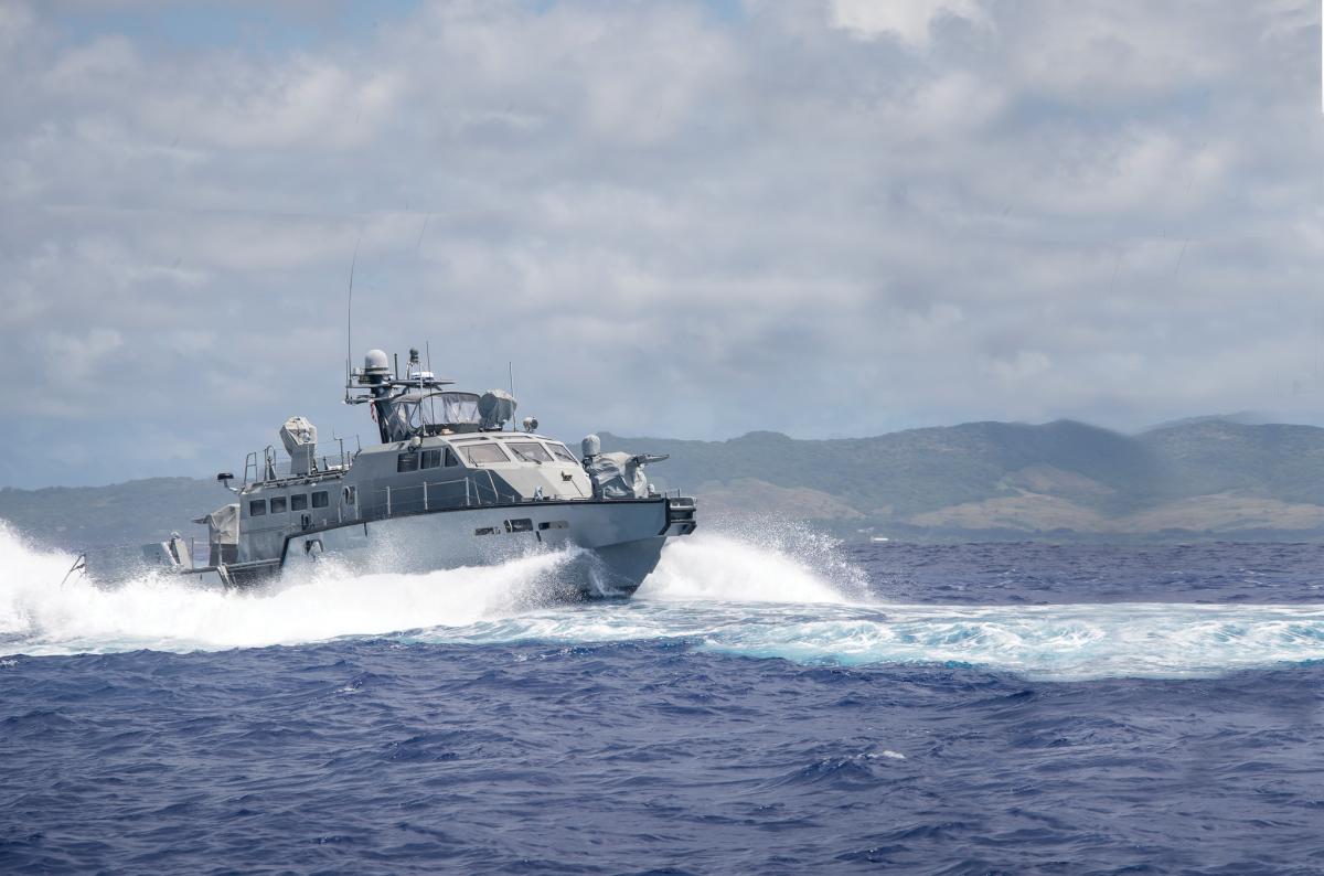A MK VI patrol boat, assigned to Coastal Riverine Group (CRG) 1 Detachment Guam, maneuvers off the coast of Guam April 6, 2017. 
