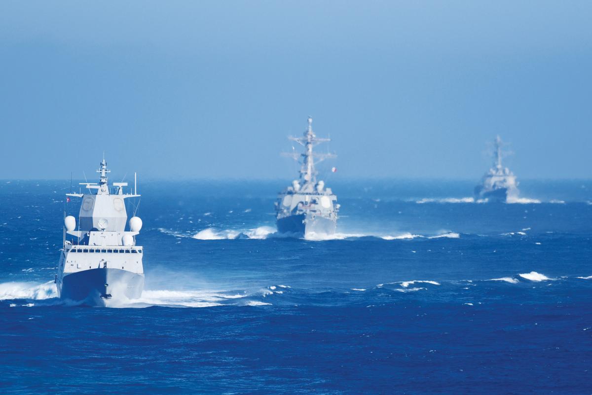  Royal Norwegian Navy frigate HNoMS Roald Amundsen (F 311), USS Winston S. Churchill (DDG 81) and USS Gravely (DDG 107) transit the Atlantic Ocean as part of the Harry S. Truman Carrier Strike Group (HSTCSG) while conducting its composite training unit exercise (COMPTUEX)