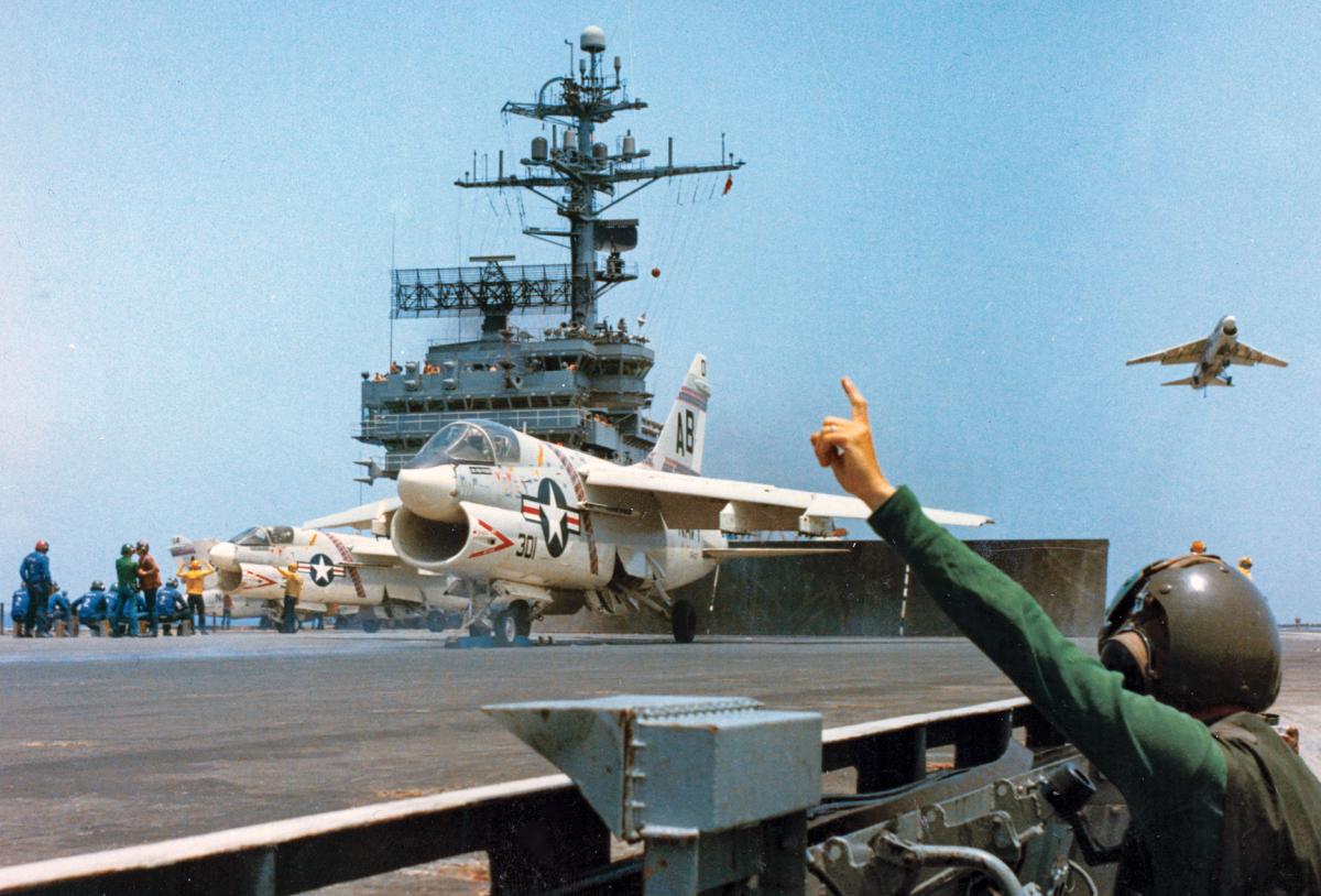 An A-7 Corsair II prepares to take off from the USS John F. Kennedy (CV-67)