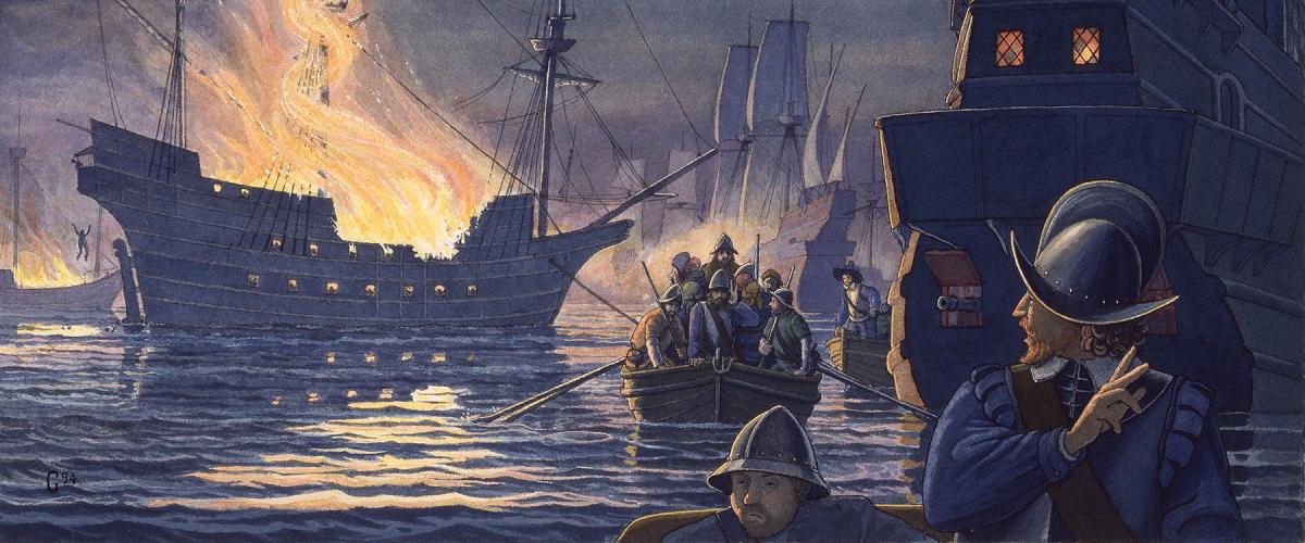 Spanish vessels gathering at Cadiz, Spain, in preparation for an invasion of England are put to the torch by Sir Francis Drake in a daring preemptive strike, 1587.