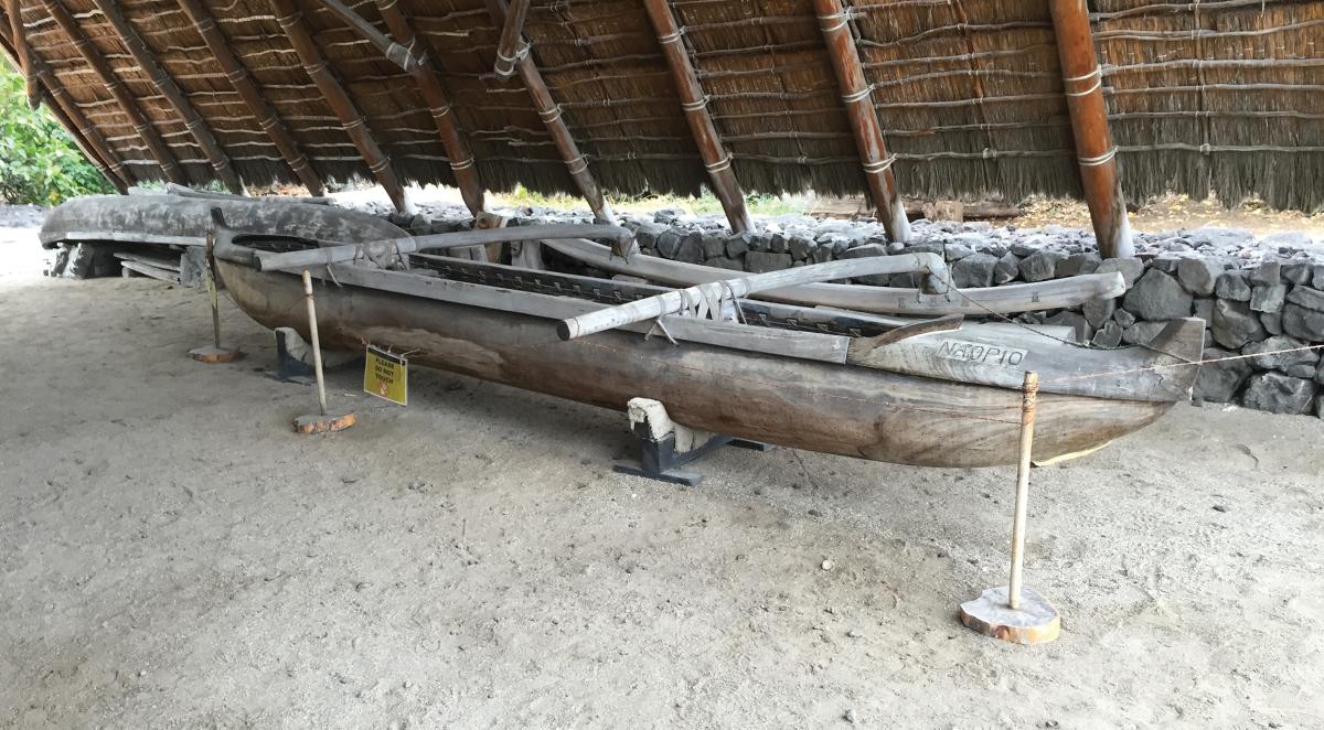 This wooden outrigger canoe—the predecessor of the craft in Hawaiian artist Herb Kawainui Ka–ne’s paintings—is on display at the National Historic Park of Pu’uhonua o Ho–naunau.