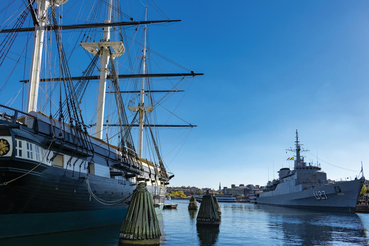USS Constellation and the training ship Brasil moored in Baltimore's Inner Harbor